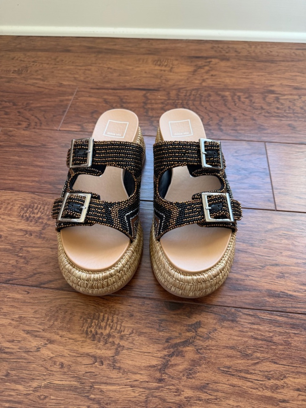 Dolce Vita Beaded Double Buckle Platform Sandals in Black & Natural
